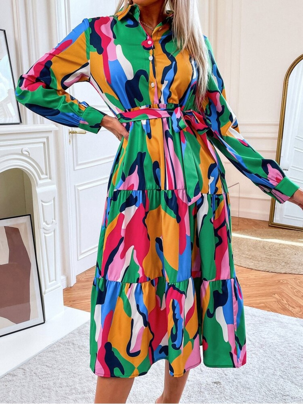 Sunday Multicolor Abstract Tiered Maxi Dress - Green, Pink, Orange, Navy